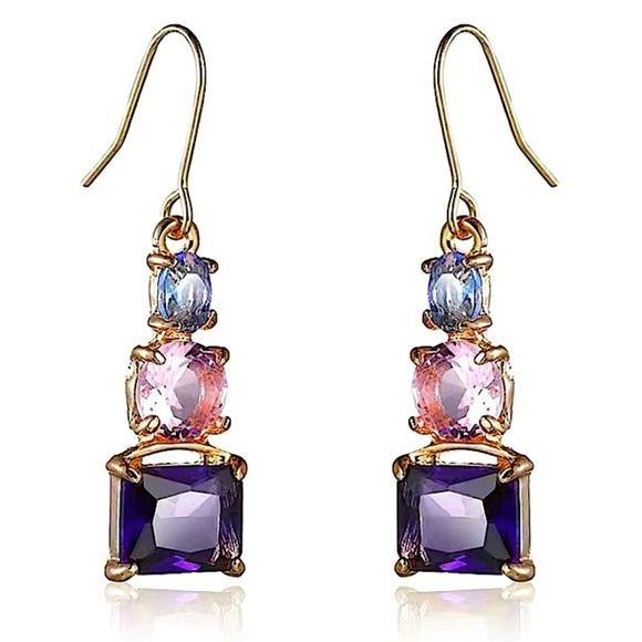 Gold Plated Amethyst Pink Zircon Blue Topaz Dangle Color Block Earrings - Picture 5 of 5
